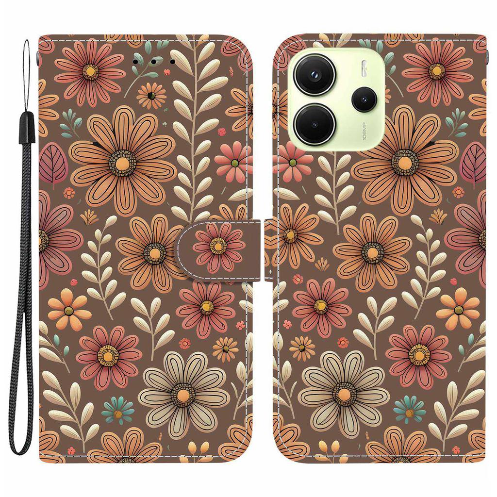 Для Xiaomi Redmi Note 14 4G (163,25 мм) Кожаный чехол-кошелек с принтом, подставка, чехол для телефона с ремешком