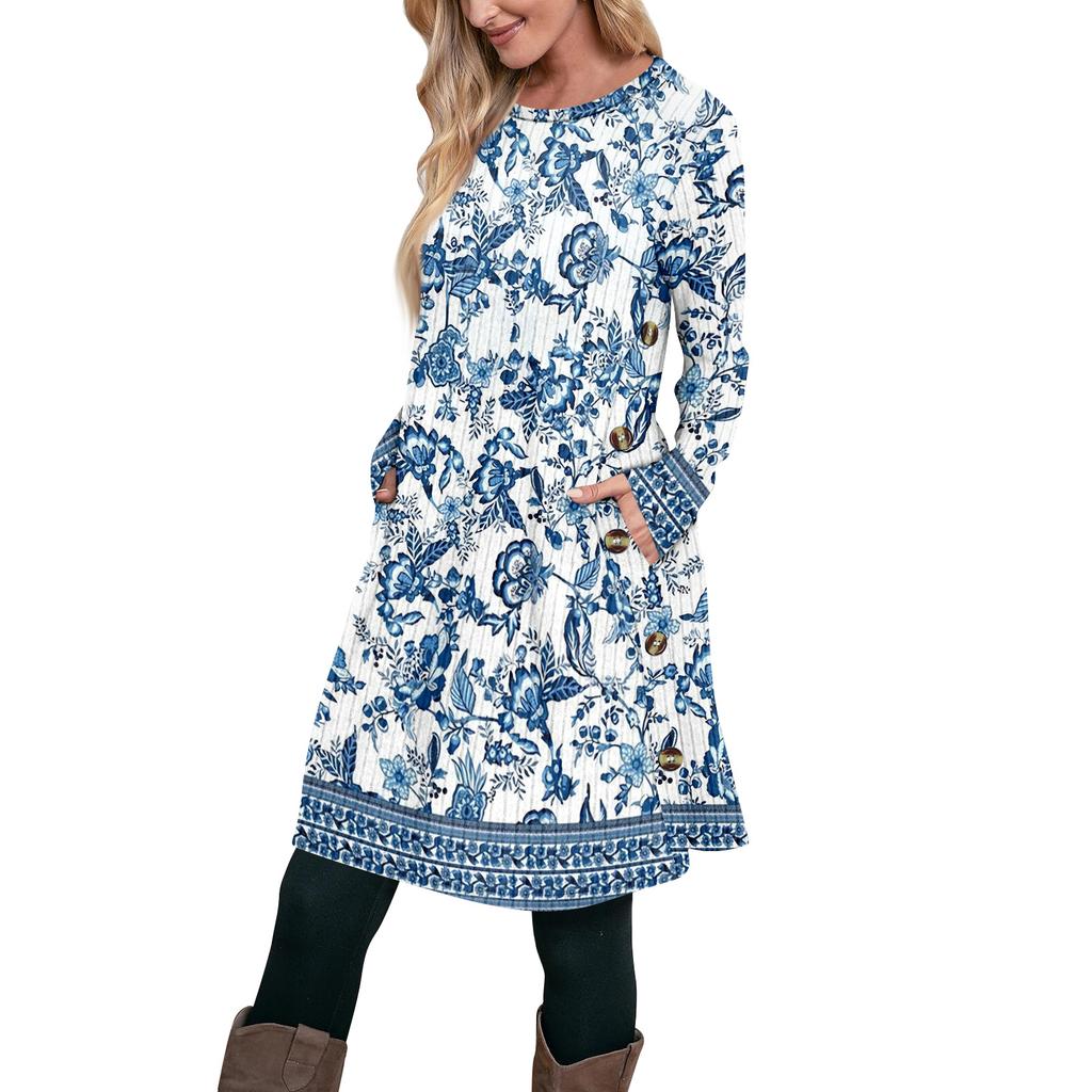 Женское модное повседневное платье-туника с длинным рукавом и карманами, платье с боковыми пуговицами