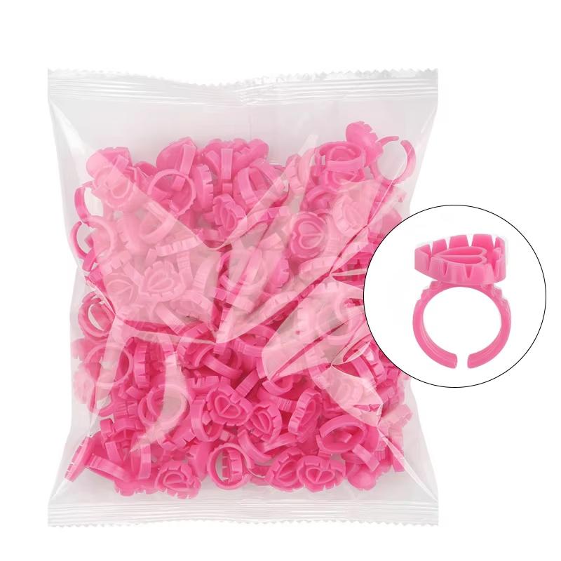 100Pcs Heart Shape Lash Glue Rings with Divided Cup, Flower Design Eyelash Extension Finger Ring Holder for Lash Artists