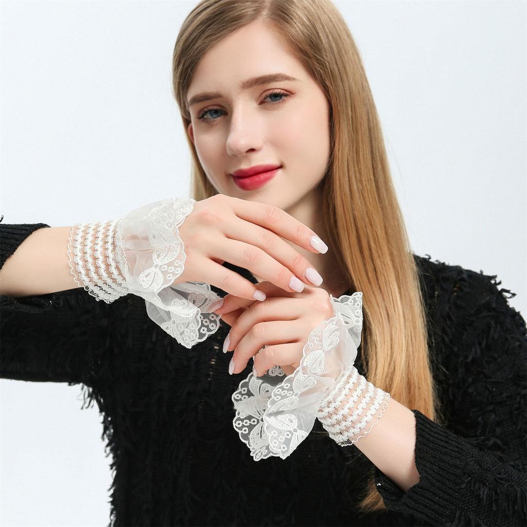 Autumn Lace Fake Cuff for Sweater Fake Sleeves Womens Horn Cuffs Embroidery Elastic Wrist Warmers Shirt Extension Sleeve