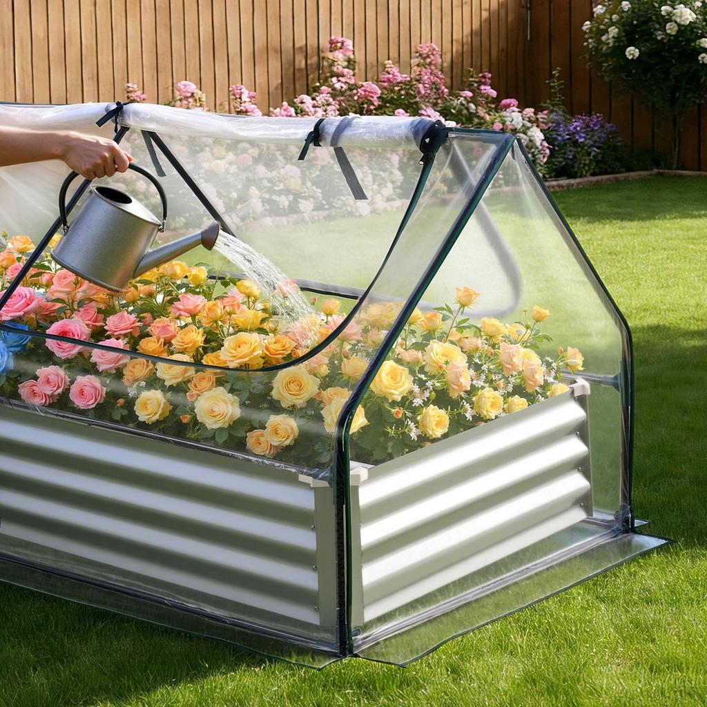 Raised Garden Bed with Cover, 1800 x 900 x 300 mm, Rectangular Galvanized Metal Planter Box Outdoor, with PE Greenhouse Cover & Gloves, Rustproof