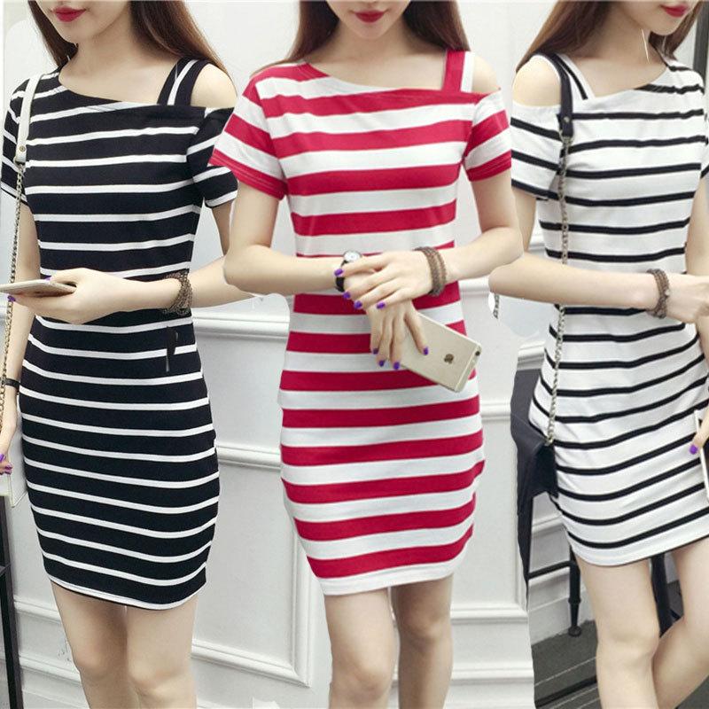 Slash shoulder striped dress slim-fitting suspender one-word collar fashionable sexy top slim-fitting and thin T-shirt women