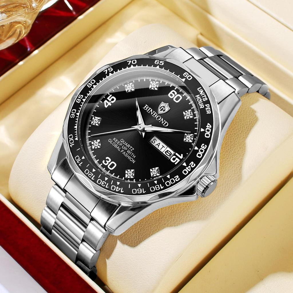 Мужские кварцевые часы Binbang Green Submariner, двойной календарь, стальной браслет, водонепроницаемые, для бизнеса.
