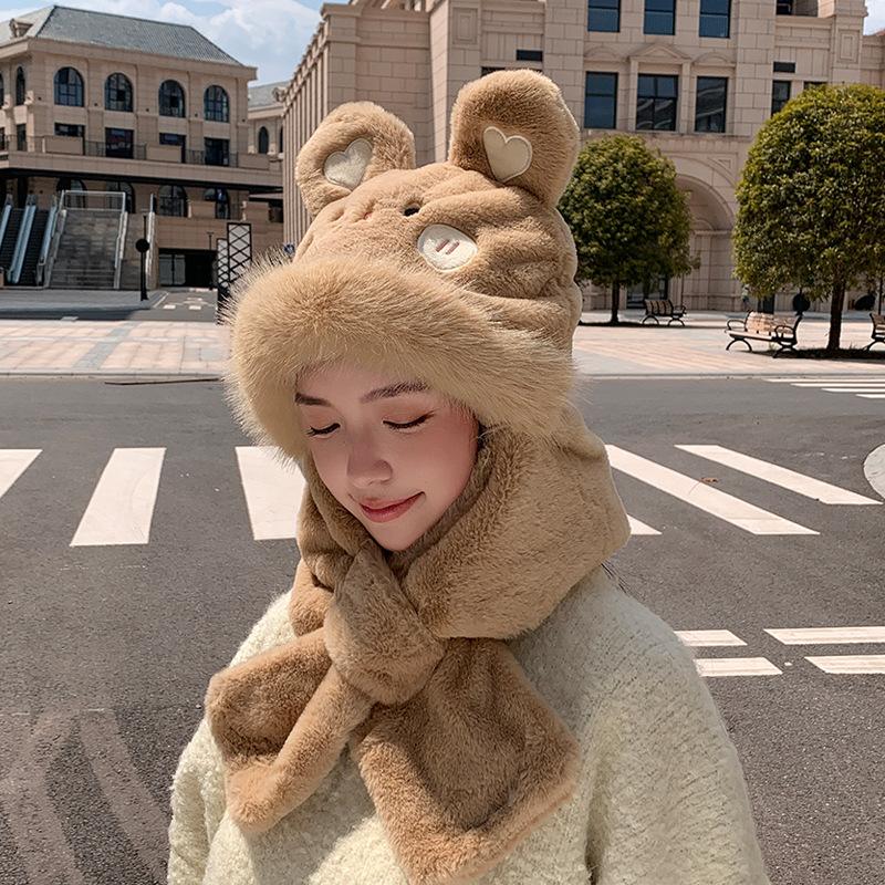 Новая плюшевая милая сумка-шарф с кроликом, интегрированная шапка, зимняя уличная защита от холода, защита ушей, шапка-пуловер, детская