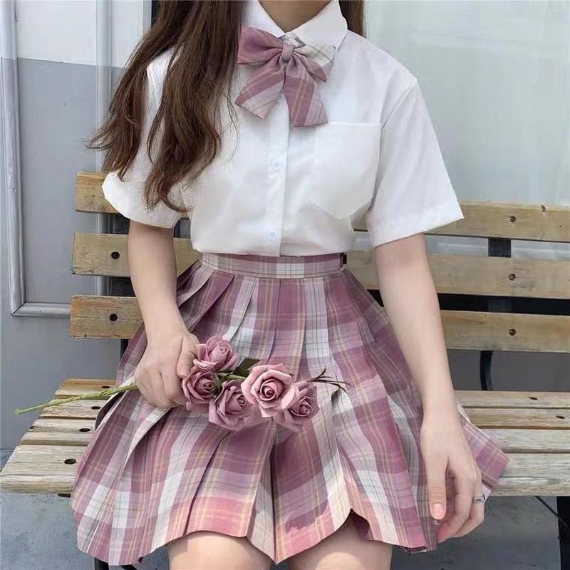 3 шт., женская униформа в стиле аниме, комплект плиссированных юбок, летняя рубашка JK, топы с короткими рукавами, мини-костюм с клетчатой юбкой