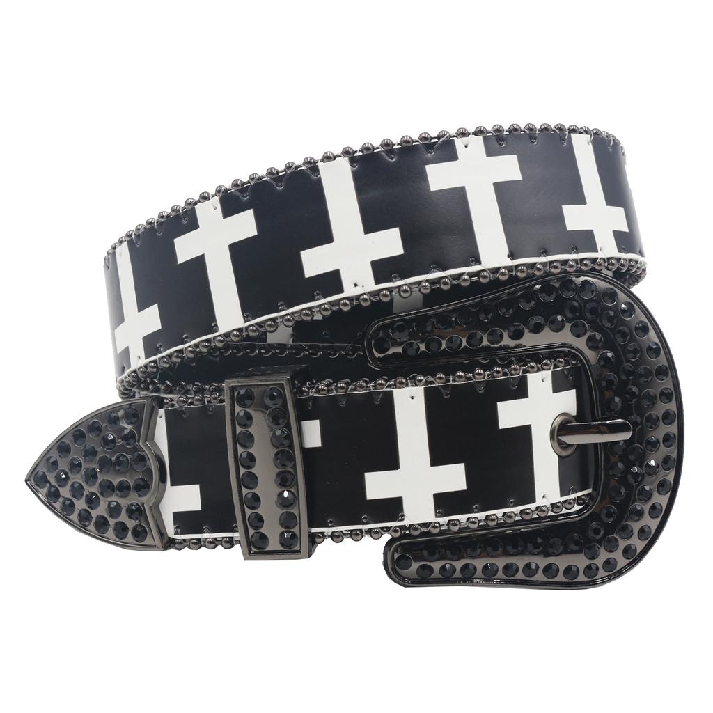 American Yabi Original Design Y2K Cross Pattern Rhinestone Printing Belt Y2K Trend Pu Leather Belt