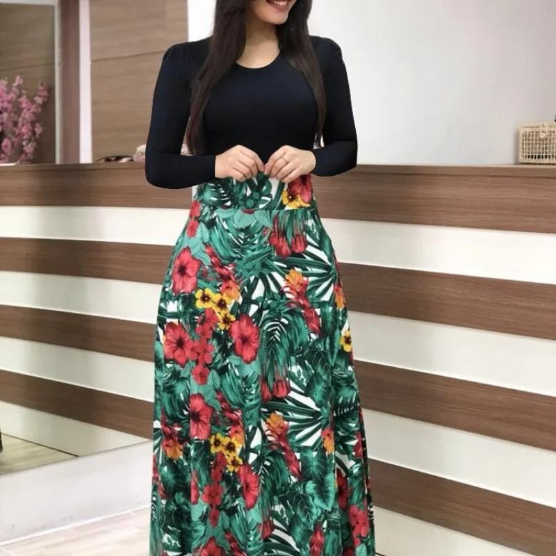 2024 European and American style flower print color matching short sleeved dress for women's large swing skirt