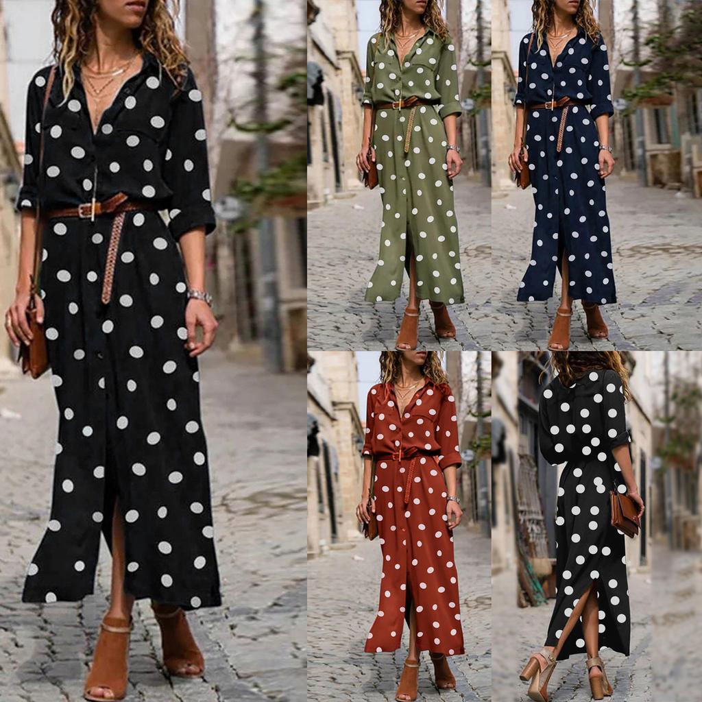 Women's Fashion Casual Polka Dot Print Lapel Long Sleeves Single-breasted Stitching Loose Waist Hem Split Chiffon Dress