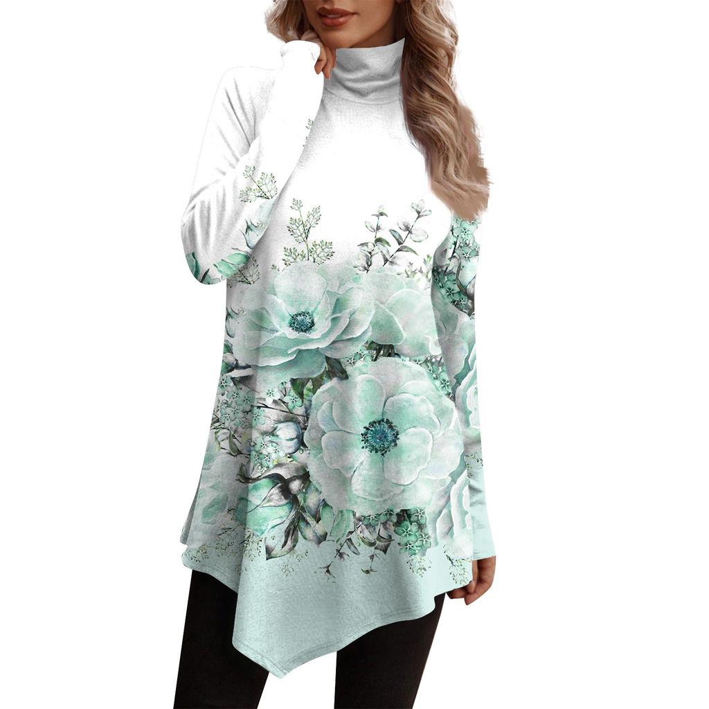 Casual Fashion Floral Print Shirt Tops High Neck Irregular Hem Long Sleeve Pullover Tops