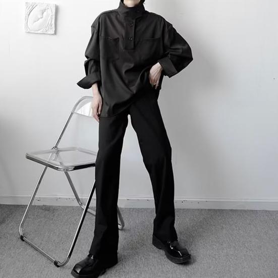 Женская рубашка с полувысоким воротником, пуговицами, полузастежкой, длинным рукавом, с карманами, однотонная свободная посадка, топы-пуловеры