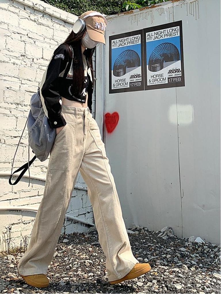 Вельветовые брюки в стиле ретро, ​​коричневые, осенне-зимние, широкие брюки-«ножи» для женщин, высокие, с высокой талией, длинные леггинсы.