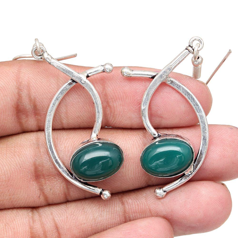 Зеленый оникс драгоценный камень ручной работы подарок для нее серебряные ювелирные серьги 1,5''