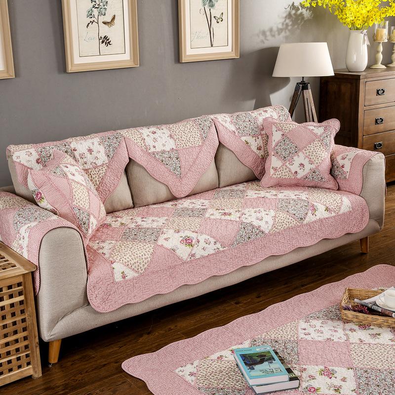 Pastoral Non-Slip Cotton Block Quilted Sofa Cushion, Fresh Small Floral Sofa Seat Cushion Cover Towel Manufacturer Supply