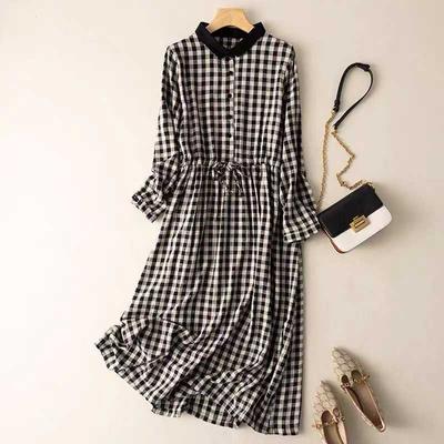 Платье в клетку с длинным рукавом для женщин, свободная облегающая юбка литературного века с завязками