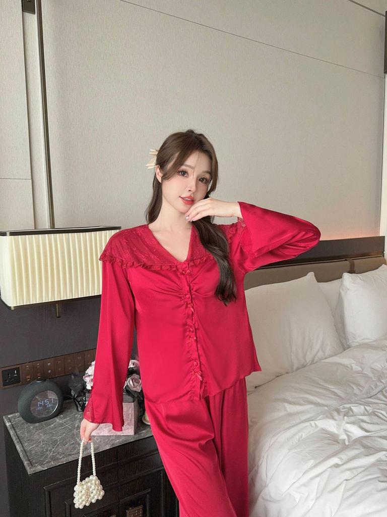 Атласная французская пижама 2025: Женский комплект домашней одежды из ледяного шелка с длинным рукавом и брюками, в милом стиле