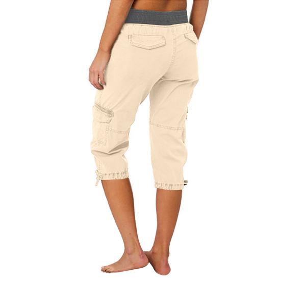 Women Cropped Drawstring Waist Wide Elastic Waistband Pure Multi Pockets Retractable Foot Leg Daily Wear School