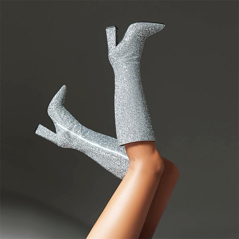 Fashion Sexy Knee High Boots Women Fashion Zipper Luxury Gold Silver Long Boot Block Heels Autumn Winter Shoes Female Large Size