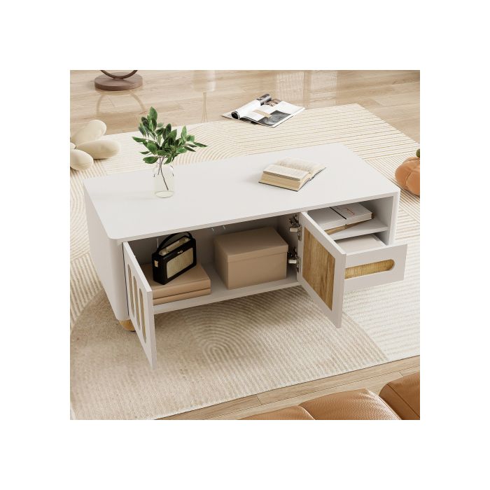 Table basse moderne - MUVOE - 105x50x40 cm - Blanc et aspect bois - 4 portes - 2 tiroirs