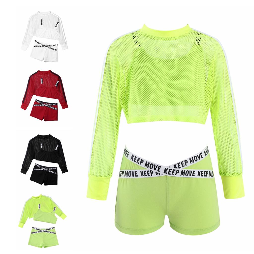 Крутые танцевальные наряды в стиле хип-хоп для девочек, комплект из 3 предметов, короткая сетчатая блузка для тренировок с топом на бретелях и шортами для мальчиков, одежда для уличных танцев