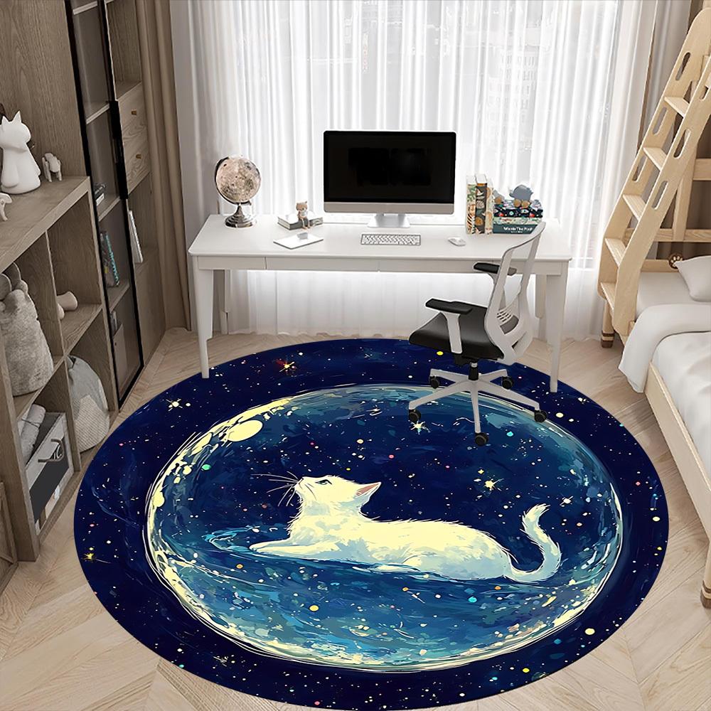 1PC Cosmic Cat Pattern Office Round Area Rug, Mat Suitable For Office, Under Office Chairs Bedroom Living Room Home Decor, Room Deco