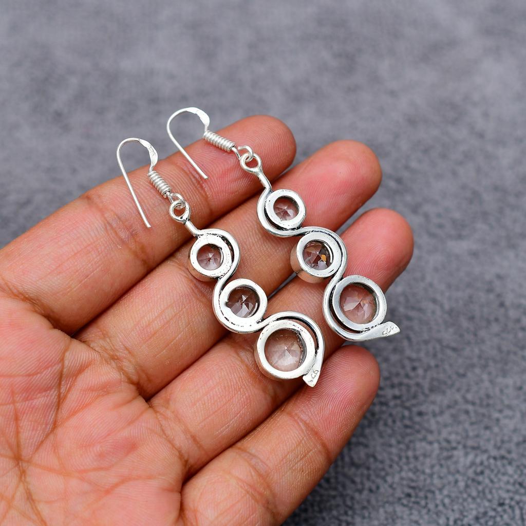 White Topaz Gemstone : 925 Sterling Silver Handmade Long Earring's Jewelry