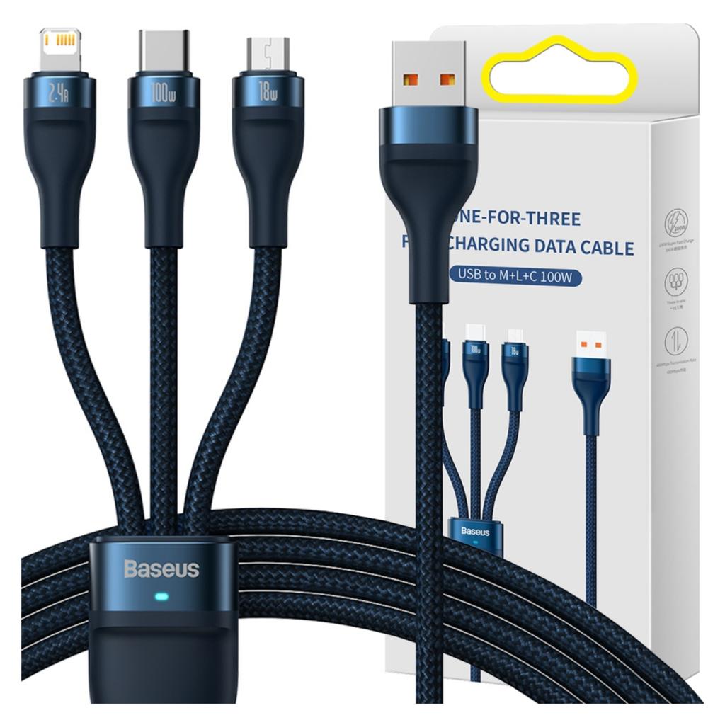 Kabel Usb 3W1 Baseus Flash Series, Usb-C + Micro Usb + Lightning, 100W, 1.2M (Niebieski)