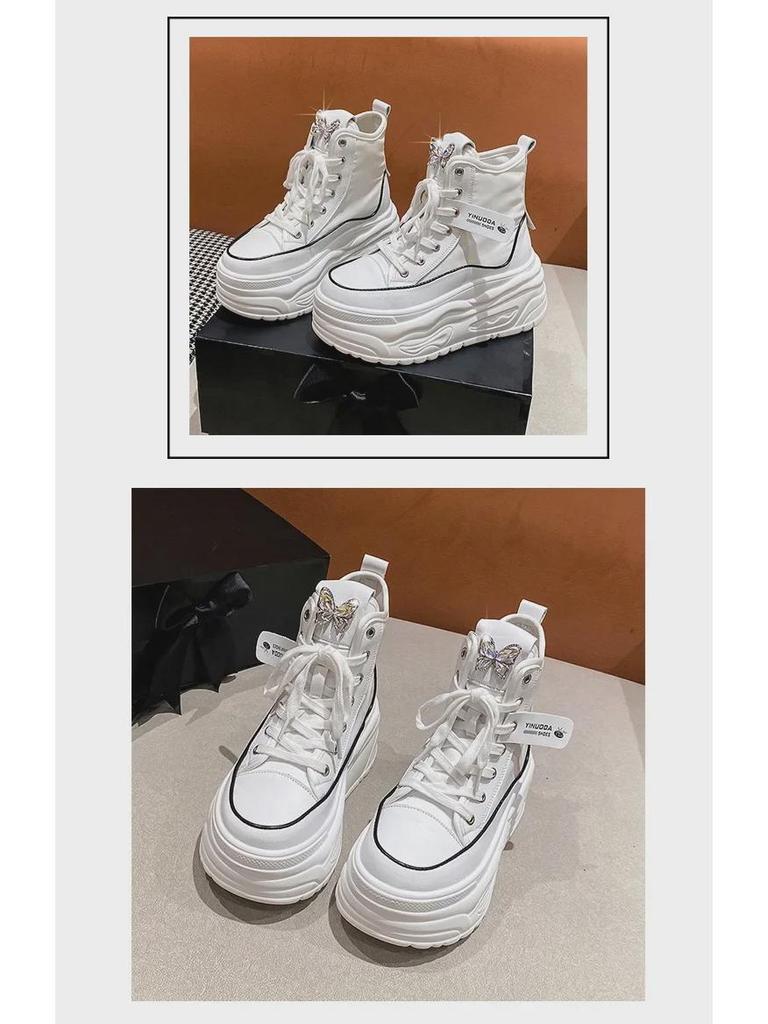 Осень 2024 г. Женские высокие повседневные кроссовки на толстой подошве, визуально увеличивающие рост, с круглыми носами для уличного стиля.