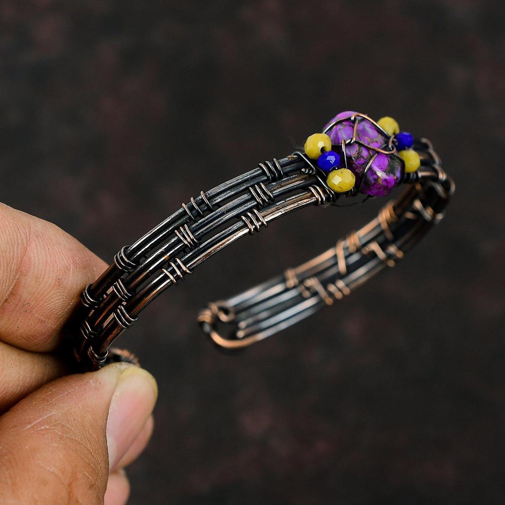 Медный Фиолетовый Бирюзовый Браслет Желтый Коралл и Лазурит Бусы Манжеты Медная проволока Ювелирные Изделия Регулируемый Браслет Драгоценный Камень Манжета Ручной Работы