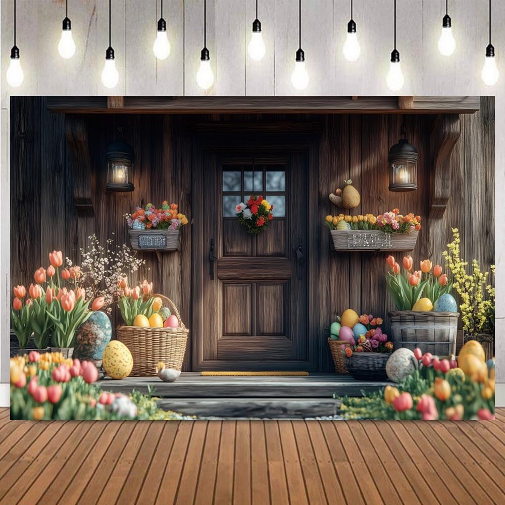 Easter Floral Wooden Door Photography Background Colorful Egg Bunny Photo Backdrop for Baby Portrait Birthday Party Home Decor3