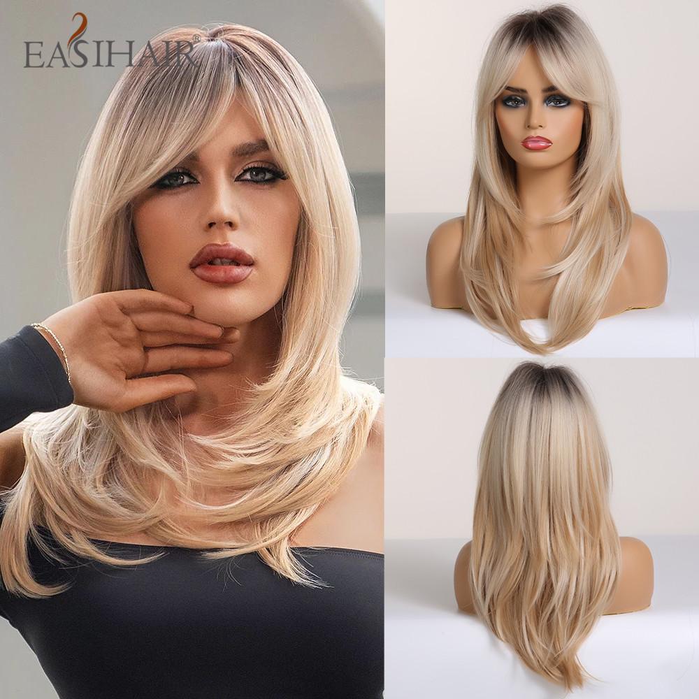 EASIHAIR Темно-коричневые черные синтетические парики с челкой, средней длины, прямые, слоистые, натуральные волосы для женщин, для повседневного ношения, косплея, термостойкие