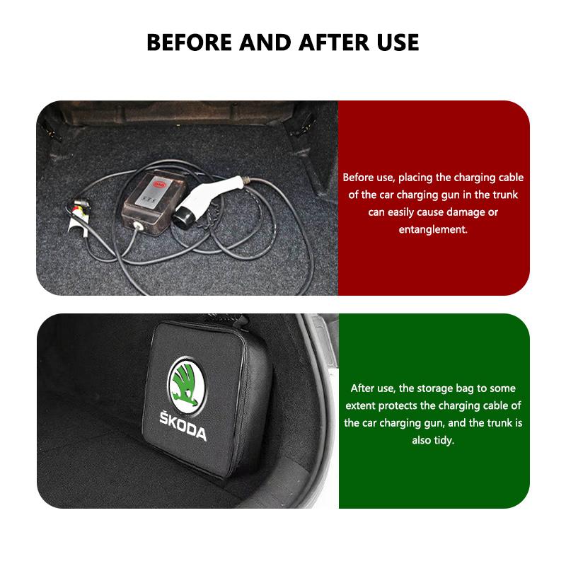 Car Logo Cable Case Charging Gun Storage Bag Waterproof Cable Organizer For Skoda Kamiq MK3 Roomster Rapid Kodiaq Karoq Fabia JC6