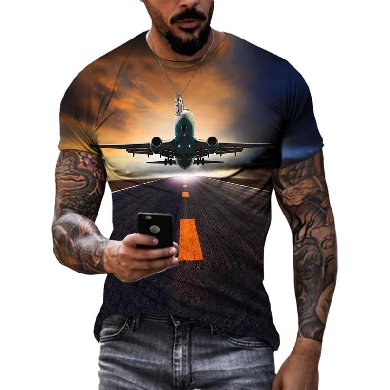 Men Summer Trend Casual Fun Round Neck Short Sleeve Fashion New 3D Printed Airplane Graphic T Shirts for Streetwear Tees Tops