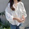 Korean Embroidery Lace-Up Lantern Sleeve Blouse - Spring 2025