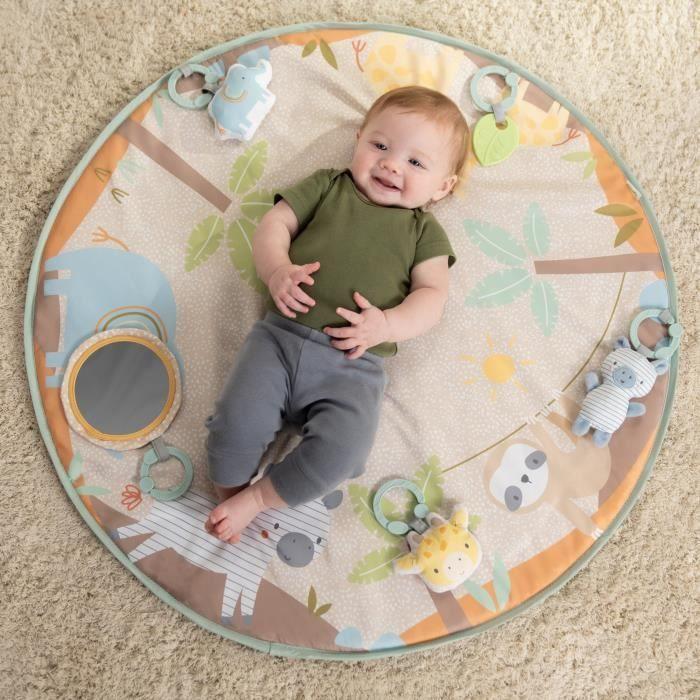 INGENUITY Tapis d'éveil bébé pliable WonderWood, rond avec arche de jeux en bois, mirroir et jouets bébé