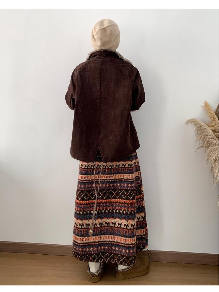 Женская флисовая юбка средней длины в стиле ретро Fair Isle - этнический стиль, кулиска по подолу, двустороннее ношение для осени/зимы