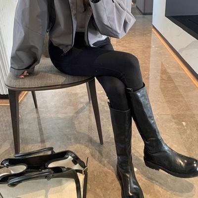 Версия из коровьей кожи~ ретро плиссированные сапоги-ботфорты на толстой подошве женские тонкие кожаные высокие сапоги