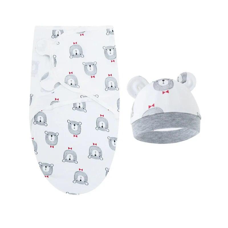 0-12 Months Newborn Swaddle Cartoon Printed Cotton Baby Blanket Hat Set Adjustable Infant Sleeping Swaddle Wraps All Seasons