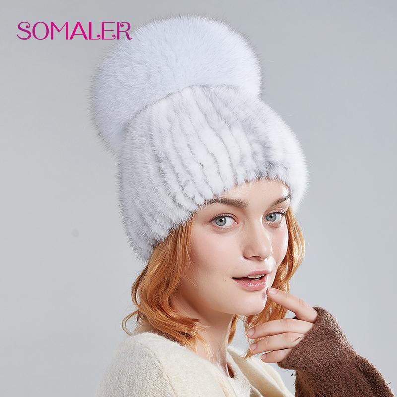 SOMALER Женские меховые шапки на зиму, шапка из натурального норкового меха с помпонами из меха чернобурки, вязаные шапочки, достаточно теплые