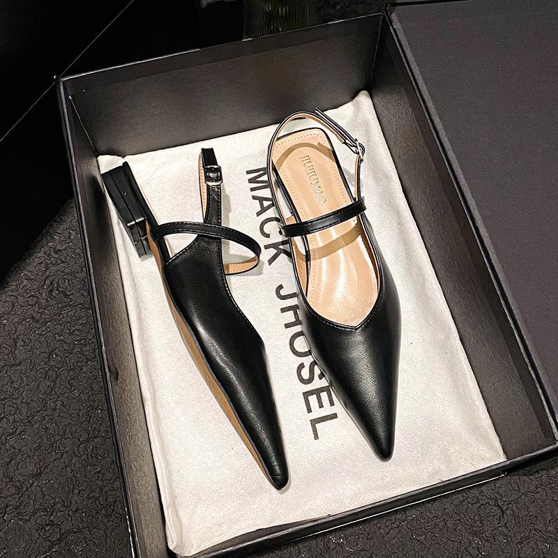 French Pointed Flat Heel 2025 New OL Commuter Shallow Mouth One Word with Fashion Single Shoes Rear Strap Women's Shoes