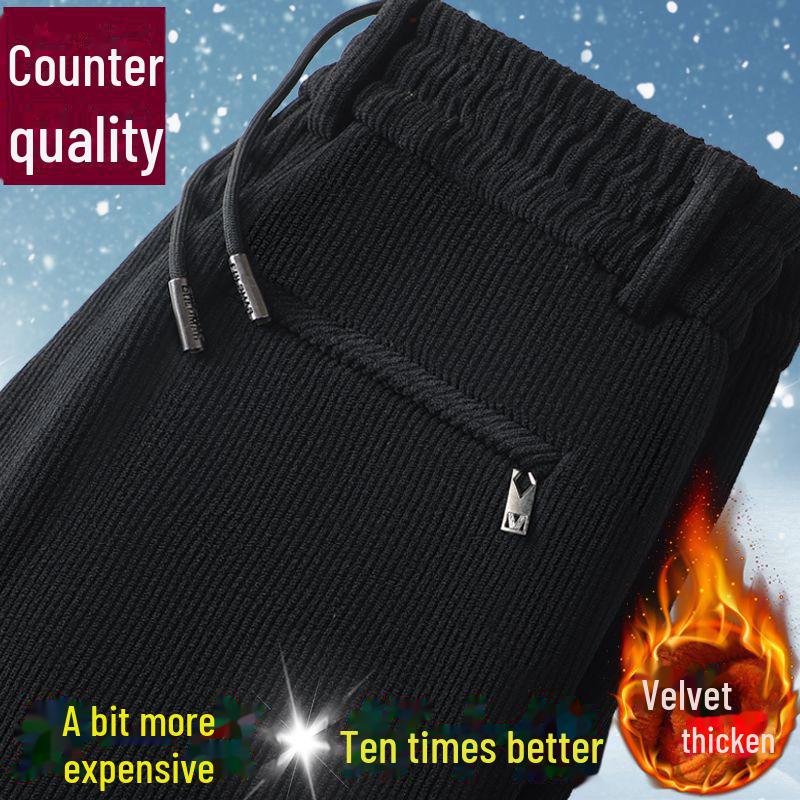 Мужские деловые брюки осень/зима из вельвета с эластичной резинкой на талии — плотные, теплые, плюс бархат, прямого кроя