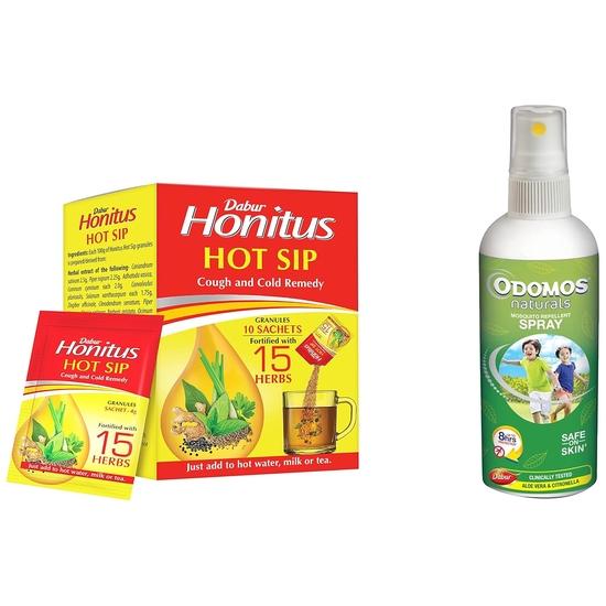 Dabur Honitus Горячий Глоток: Обеспечивает мгновенное облегчение при кашле и простуде и спрей-репеллент от комаров Dabur Odomos Narurals - 100 мл