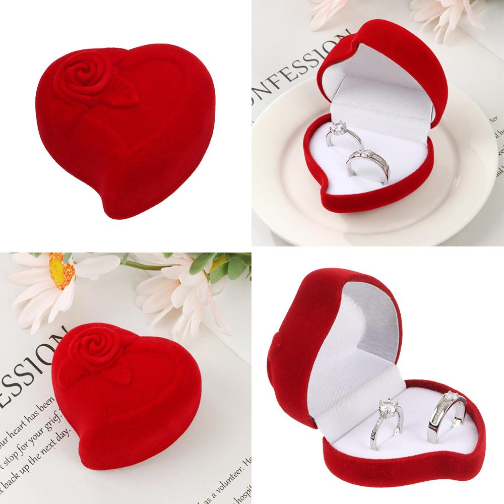 Heart Shape Exquisite Ring Display Box Velvet Jewelry Box Red Rose Double Ring Storage Box