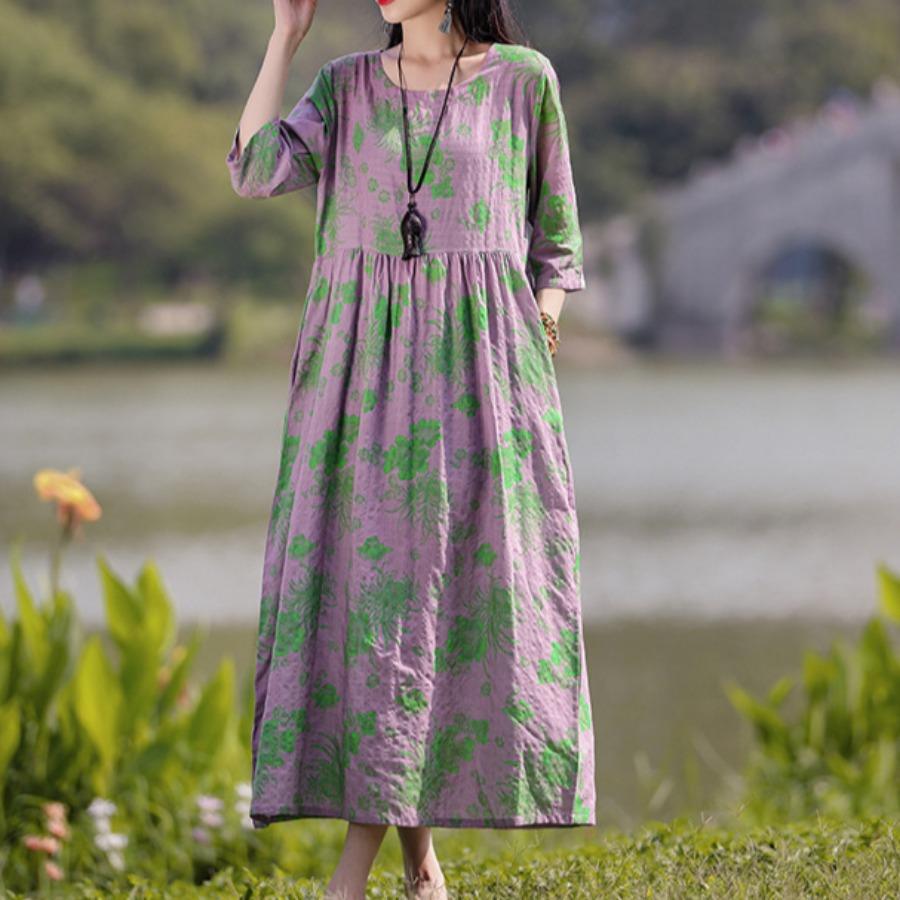 Этнический стиль Женское платье Лето Плюс Размер Принт Выше колена Рукав Семь Четвертей Длинные Платья