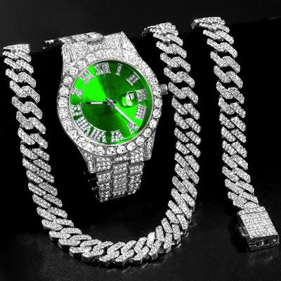 Хип-хоп Iced Out кубинское ожерелье часы для мужчин AAA 2 ряда зубцов кубинское ожерелье + часы + браслет комплект панк рэппер ювелирные изделия подарки
