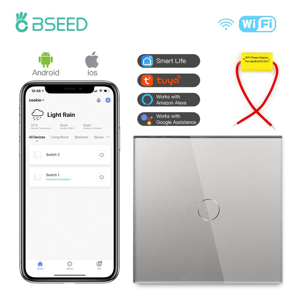 BSEED Single Live Wifi Touch Switch 1/2/3Gang Smart Glass Wall Switches Support Smart Life Google Alexa App Control No Neutral