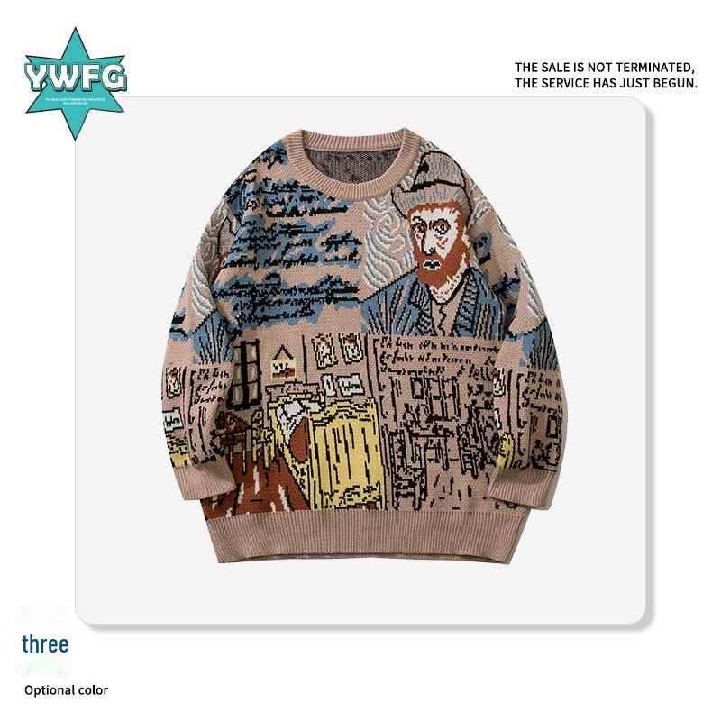 YWFG Trendy Autumn/Winter Graffiti Pullover Couple Sweater - Casual Loose Japanese Knitwear for Men