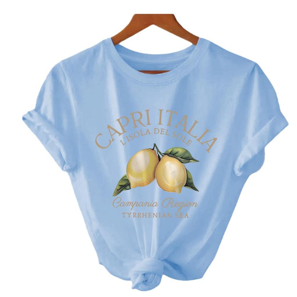 Женская футболка с короткими рукавами из чистого хлопка с принтом лимона, европейский и американский стиль, круглый вырез, летний дизайн