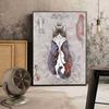 Solid Wood Frame Japanese Floating Samurai Cat Canvas Painting Retro Style Posters and Prints Wall Art Pictures for Living Room Wall Decor