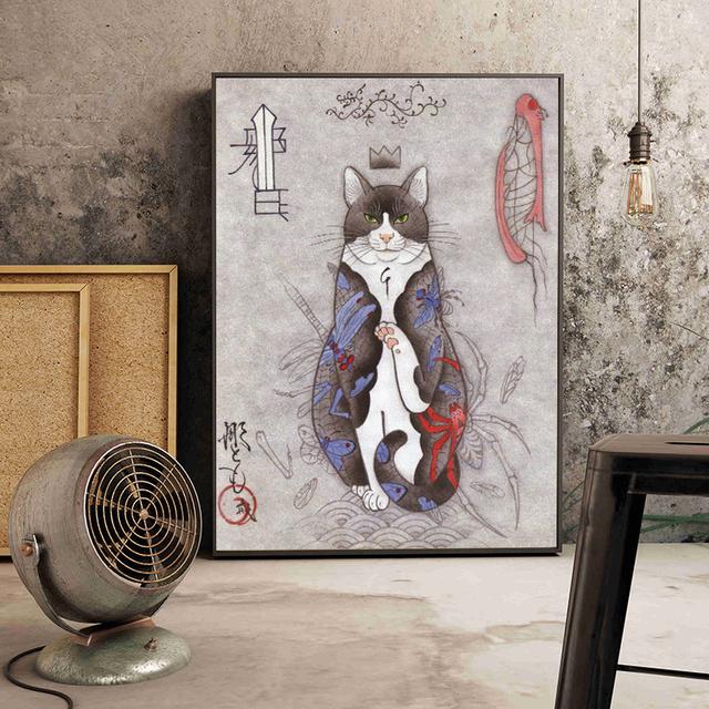 Solid Wood Frame Japanese Floating Samurai Cat Canvas Painting Retro Style Posters and Prints Wall Art Pictures for Living Room Wall Decor