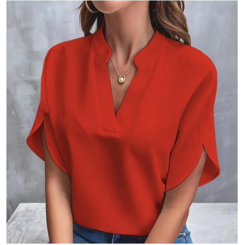 Women's Summer V-neck Elegant Shirt Solid Color Loose Short Sleeve Casual Top